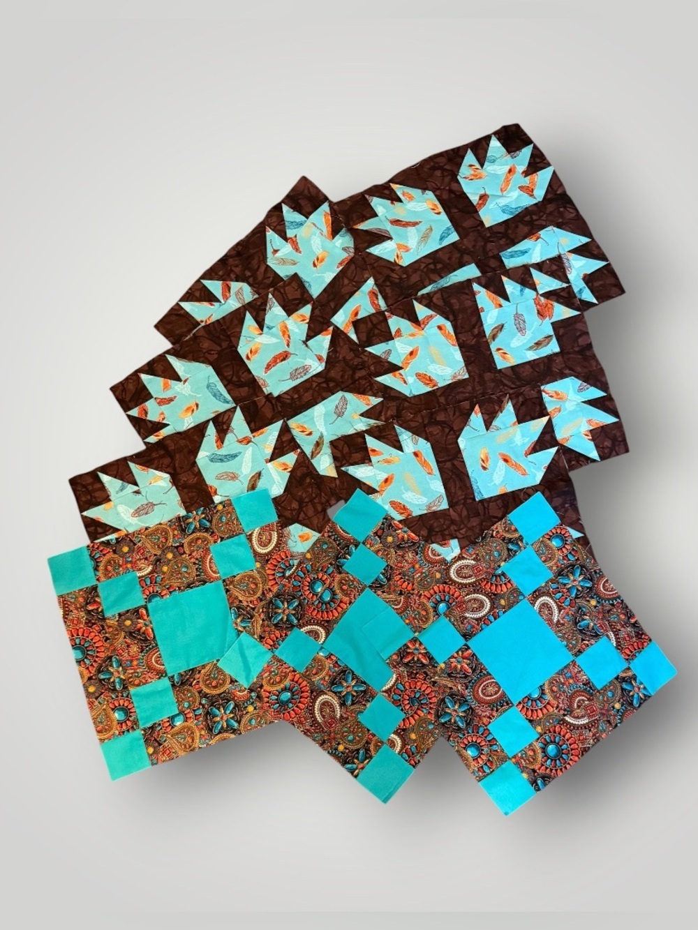 9 Piece Mixed Fabric Quilt Blocks Sewn Cotton Fabric Squares Southwestern Theme